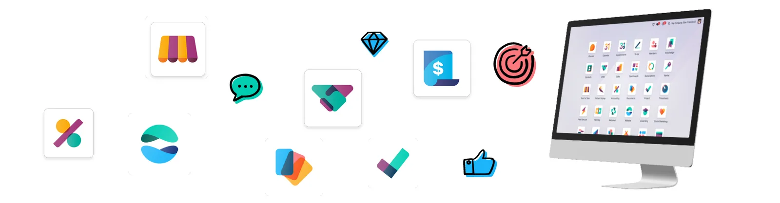 Iconos de las aplicaciones de Odoo y el menú principal del sistema en pantalla